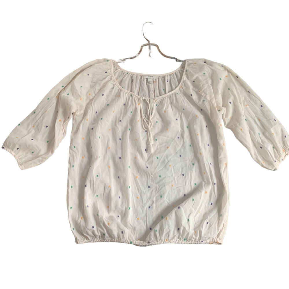 J Crew Chambray Dot Peasant Tassel Blouse